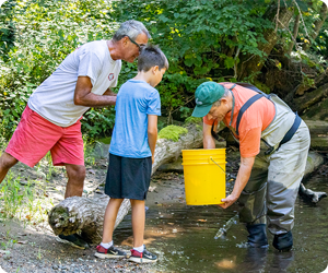 Fish biologist in a stream showing a parent and child on the shorefish in a yellow bucket, 