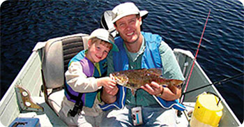 father and son fishing in a boat