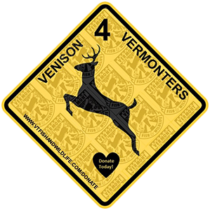 Venison for Vermonters thank-you sticker in the style of a diamond-shaped yellow deer crossing road sign